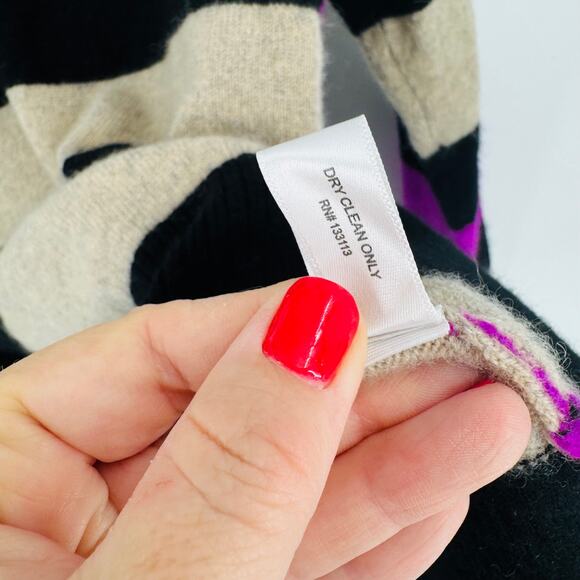 Lord & Taylor Cashmere Sweater L Black Tan Striped VNeck Purple Cuff Elbow Patch - Picture 6 of 7